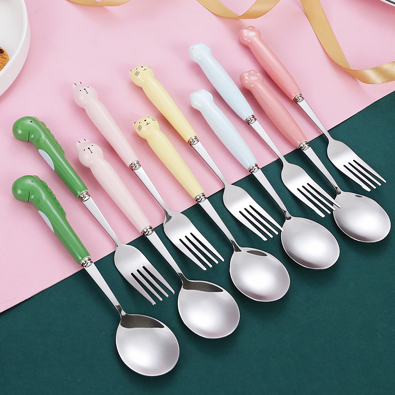 Children Cutlery Customization Logo Design Cartoon Ceramic Handle Stainless Steel Fork And Spoon