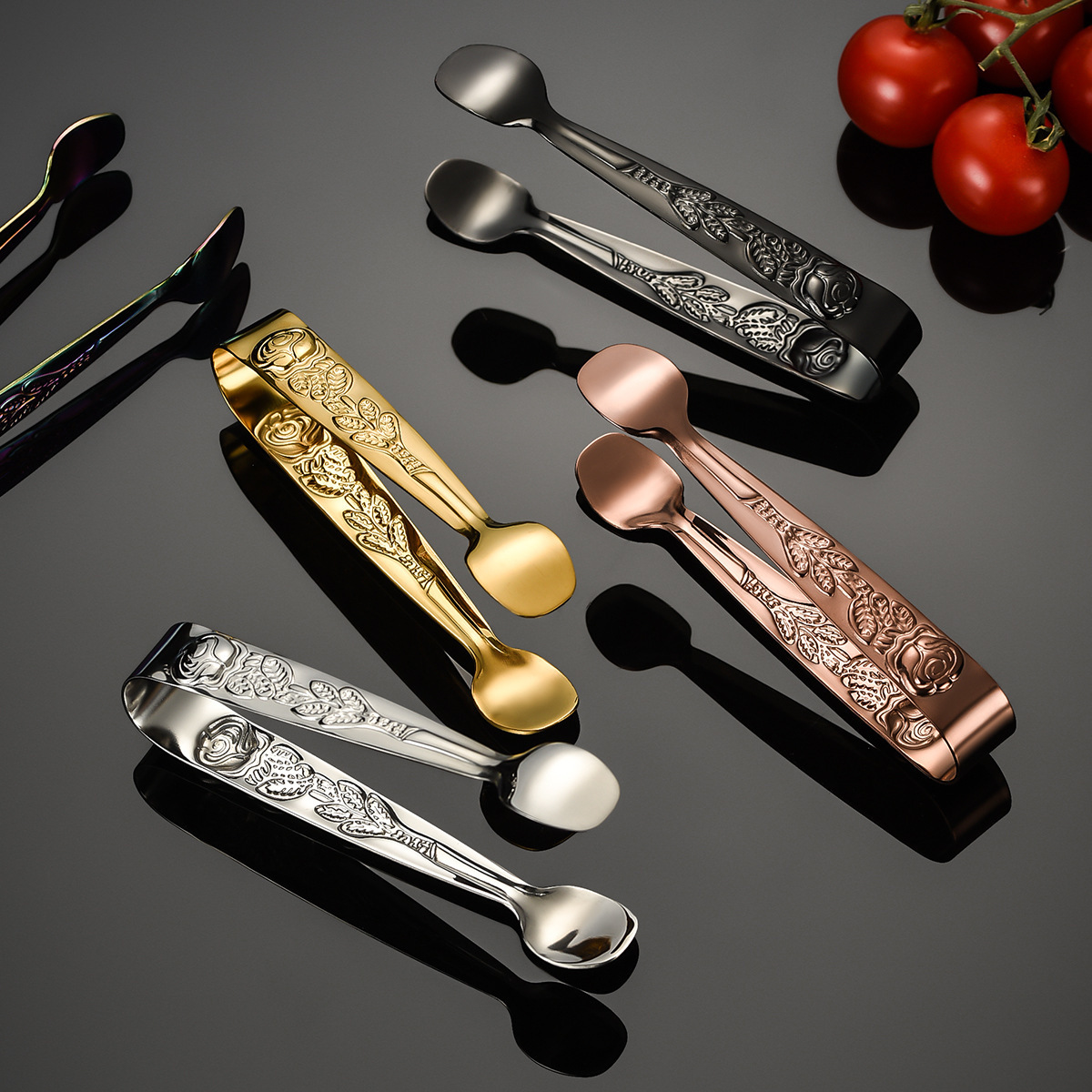 Embossed Design Stainless Steel Gold Ice Tongs Mini Metal Kitchen Serving Tongs