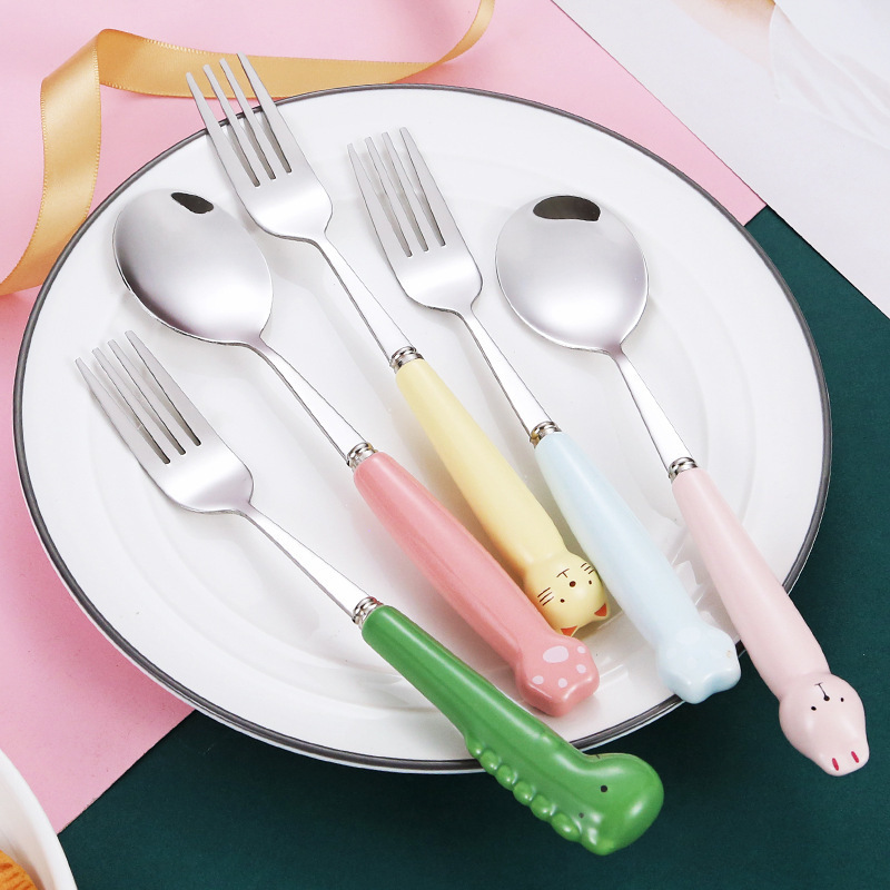 Children Cutlery Customization Logo Design Cartoon Ceramic Handle Stainless Steel Fork And Spoon