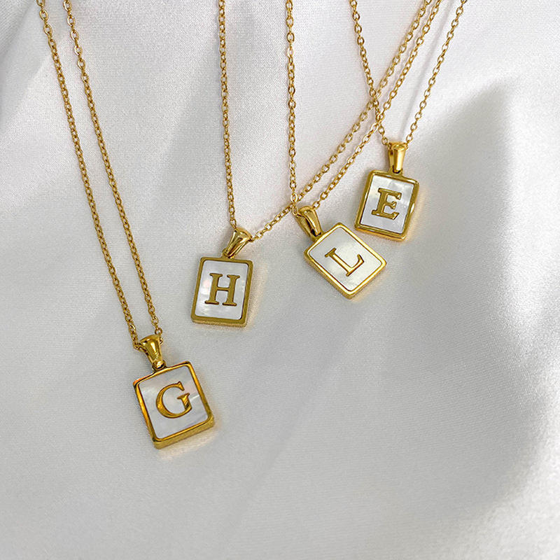 JY 18K Gold Stainless Steel Alphabet Letter A-Z Initial Necklace For Women White Rectangle Shell Alphabet Pendant Necklace