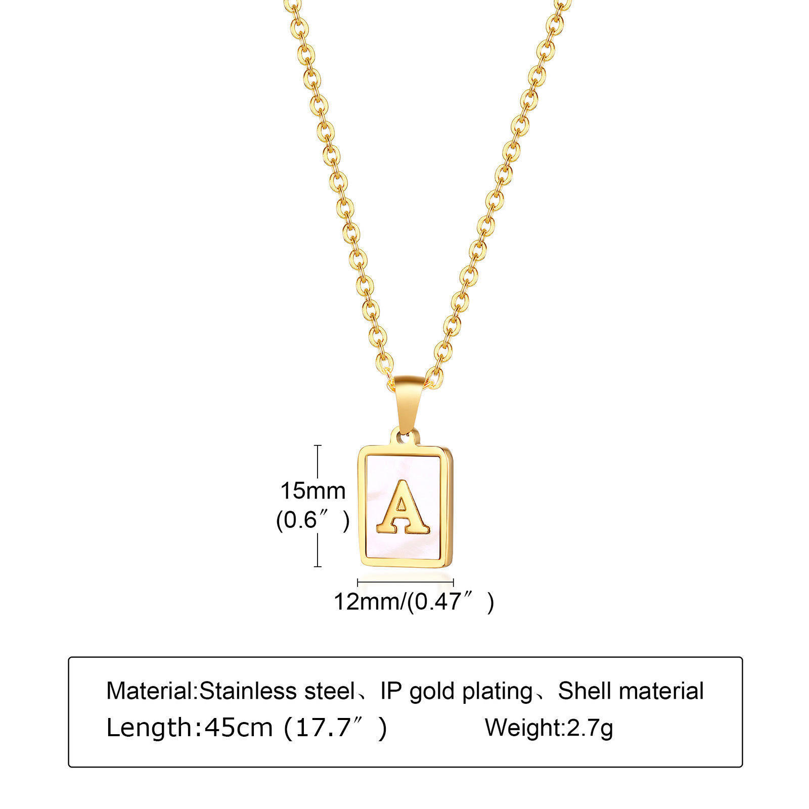 JY 18K Gold Stainless Steel Alphabet Letter A-Z Initial Necklace For Women White Rectangle Shell Alphabet Pendant Necklace