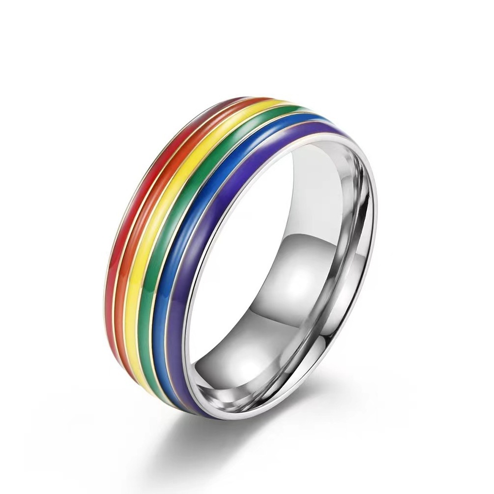 Jymoon Hot Rainbow Flag Couple Titanium Steel Ring Female Explosive Stainless Steel Ornaments Colored Ring For Men