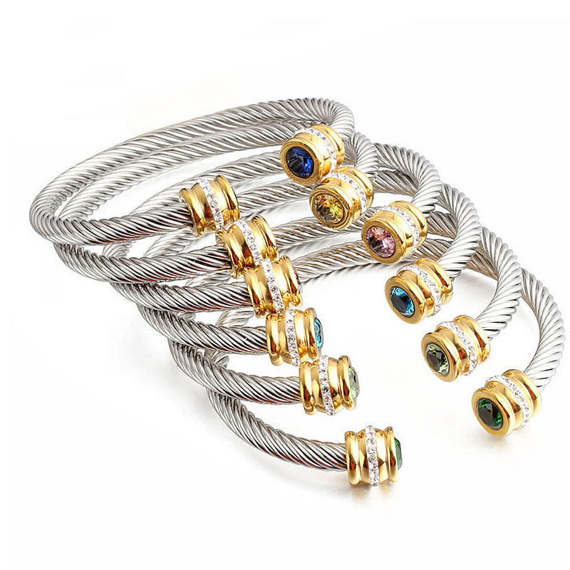 Wholesale 316L Stainless Steel Colorful Birthstone Diamond Twist Rope Open Cuff Bangle Bracelet