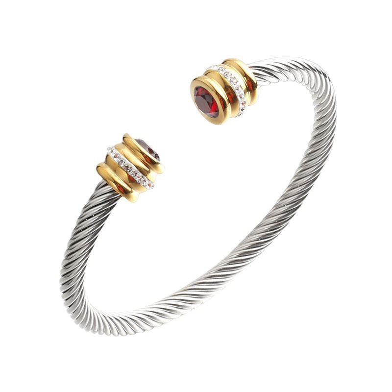 Wholesale 316L Stainless Steel Colorful Birthstone Diamond Twist Rope Open Cuff Bangle Bracelet