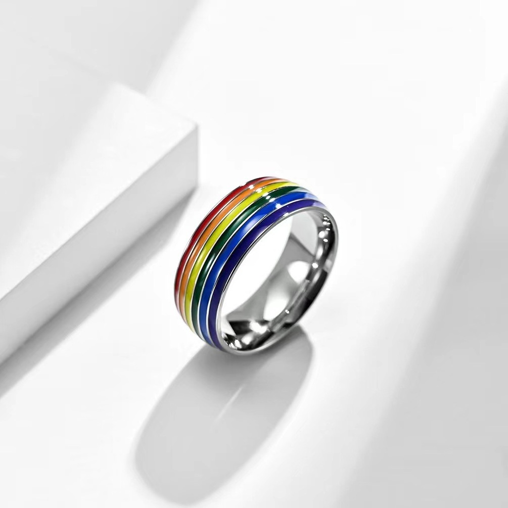 Jymoon Hot Rainbow Flag Couple Titanium Steel Ring Female Explosive Stainless Steel Ornaments Colored Ring For Men