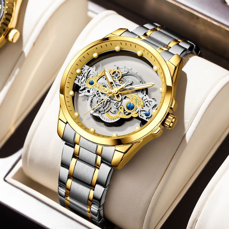 2023 Private Label Custom Stainless Steel Case Back Waterproof Gold Silver Skeleton Square Analog Wrist Quartz Watch For Men