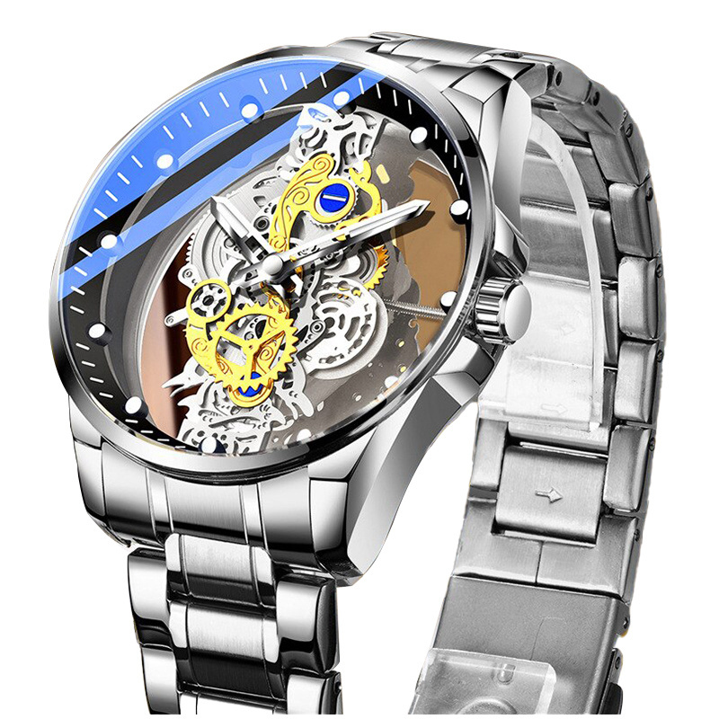 2023 Private Label Custom Stainless Steel Case Back Waterproof Gold Silver Skeleton Square Analog Wrist Quartz Watch For Men