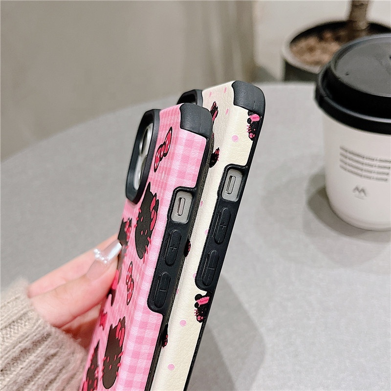 INS Fashion Cartoon Cute Plaid KT Cat Skin Shockproof Protective Phone Cover Case For iPhone 11 12 13 14 15 Pro