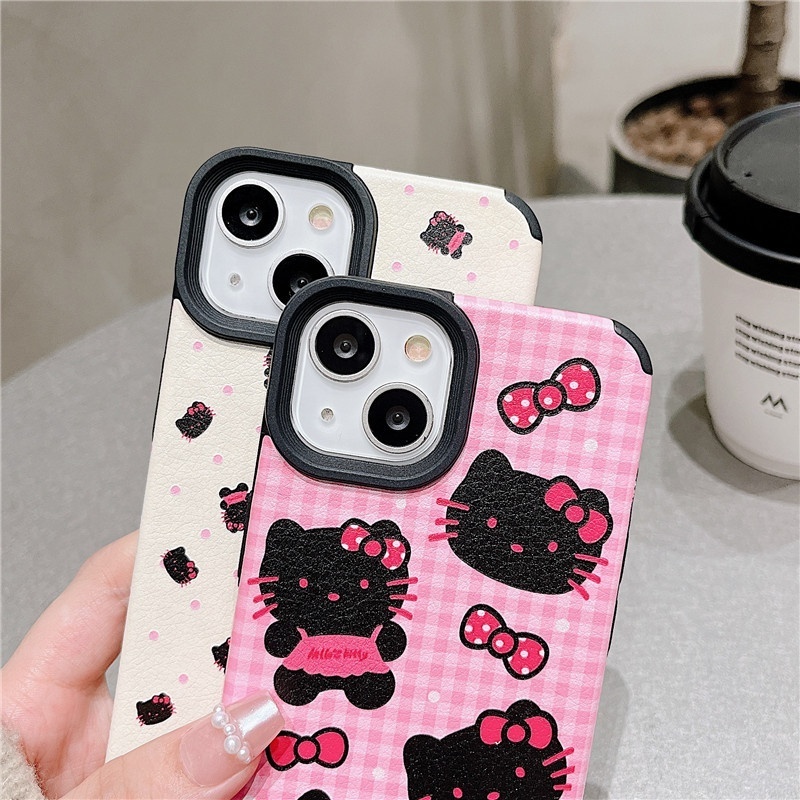 INS Fashion Cartoon Cute Plaid KT Cat Skin Shockproof Protective Phone Cover Case For iPhone 11 12 13 14 15 Pro