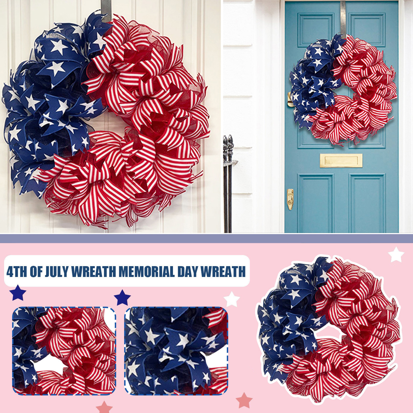 Patriotic Burlap Wreath 4th of July Summer Burlap Stripe Stars Printed Wreath Front Door Flag Printed Wreath Indoor Outdoor