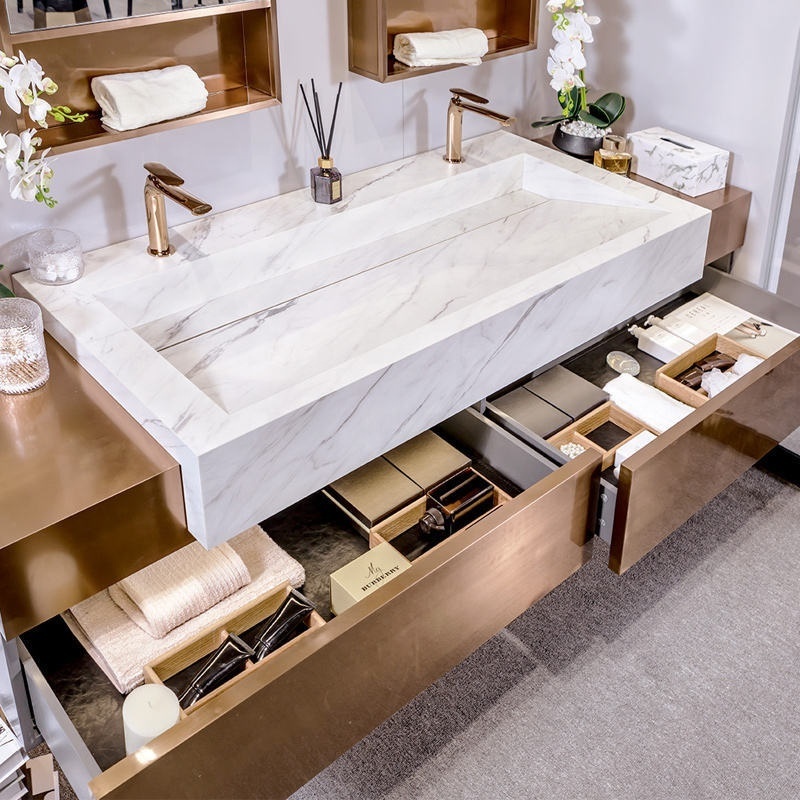 Hotel luxury gold Stainless steel bathroom vanity cabinet set double sink bathroom vanities cabinets with two mirror cabinets