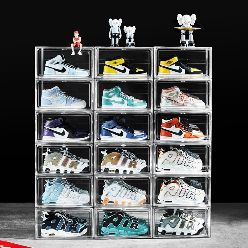 Basketball Shoe Box Acrylic Plastic Fashion Magnetic Side Open Stackable Folding Clear Display Shoe Storage Box