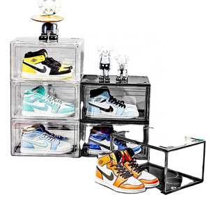 Basketball Shoe Box Acrylic Plastic Fashion Magnetic Side Open Stackable Folding Clear Display Shoe Storage Box