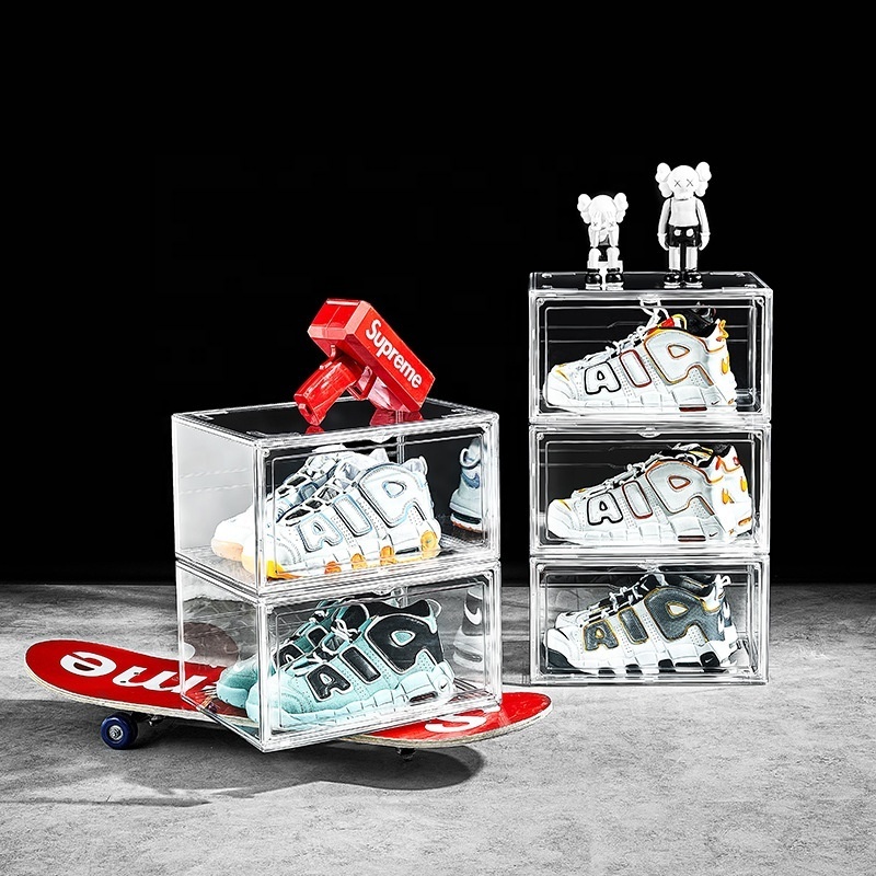 Basketball Shoe Box Acrylic Plastic Fashion Magnetic Side Open Stackable Folding Clear Display Shoe Storage Box