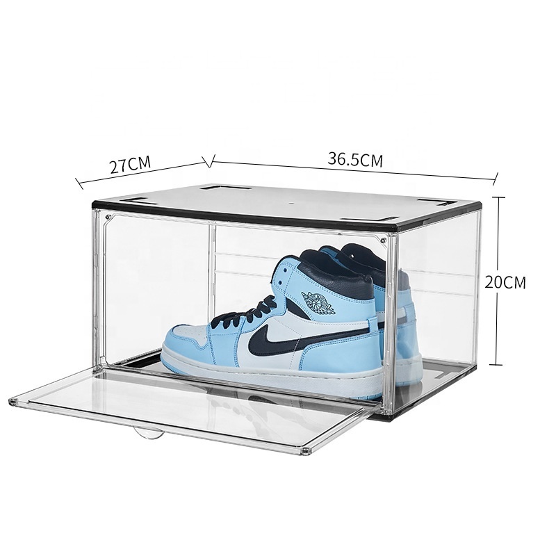 Basketball Shoe Box Acrylic Plastic Fashion Magnetic Side Open Stackable Folding Clear Display Shoe Storage Box