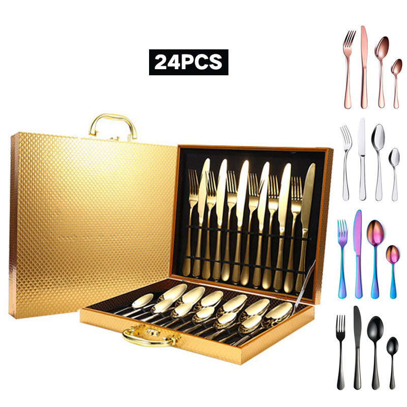 Factory Wholesale Best Selling Stainless Steel Knife Fork Spoon set 24pcs Gold Flatware Luxury Cutlery Set With Stand