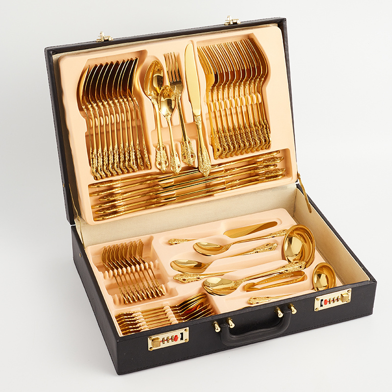 Food Grade 72pcs Luxury Wedding Gold 18/10 Stainless Steel Flatware With Wooden Box