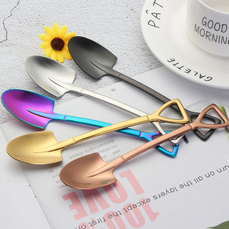 Food Grade Stainless Steel 304 Creative Shovel Shape Engraved Metal Tea Coffee Spoon