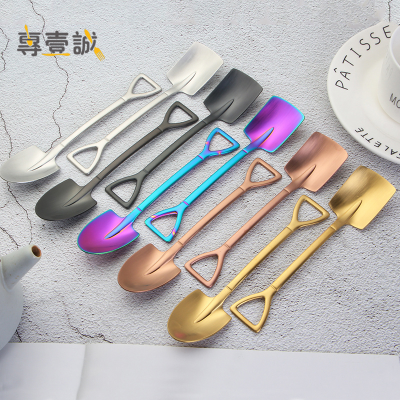 Food Grade Stainless Steel 304 Creative Shovel Shape Engraved Metal Tea Coffee Spoon