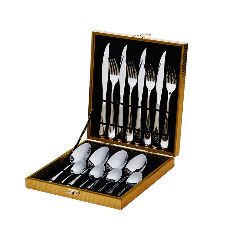 Wooden box set serve for 4 people,  spoon fork and knife  Stainless steel 16pcs cutlery set