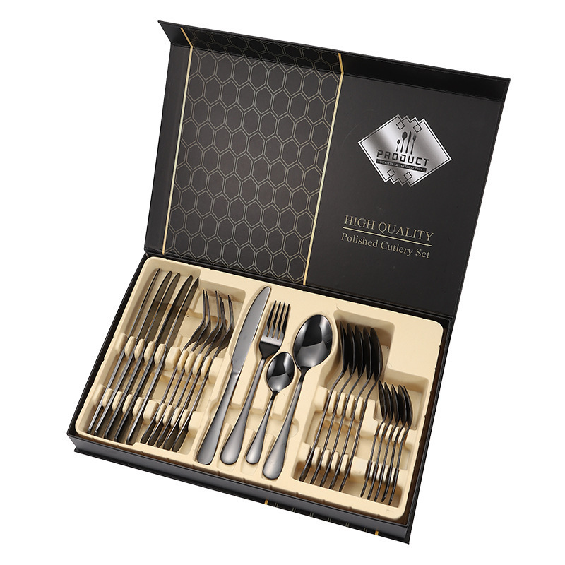 Luxurious Wsetern Tableware sets Black Plated 24pcs Knife Fork Spoon Stainless Steel Cutlery For Party Gift Metal Flatware