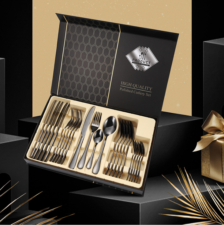 Luxurious Wsetern Tableware sets Black Plated 24pcs Knife Fork Spoon Stainless Steel Cutlery For Party Gift Metal Flatware