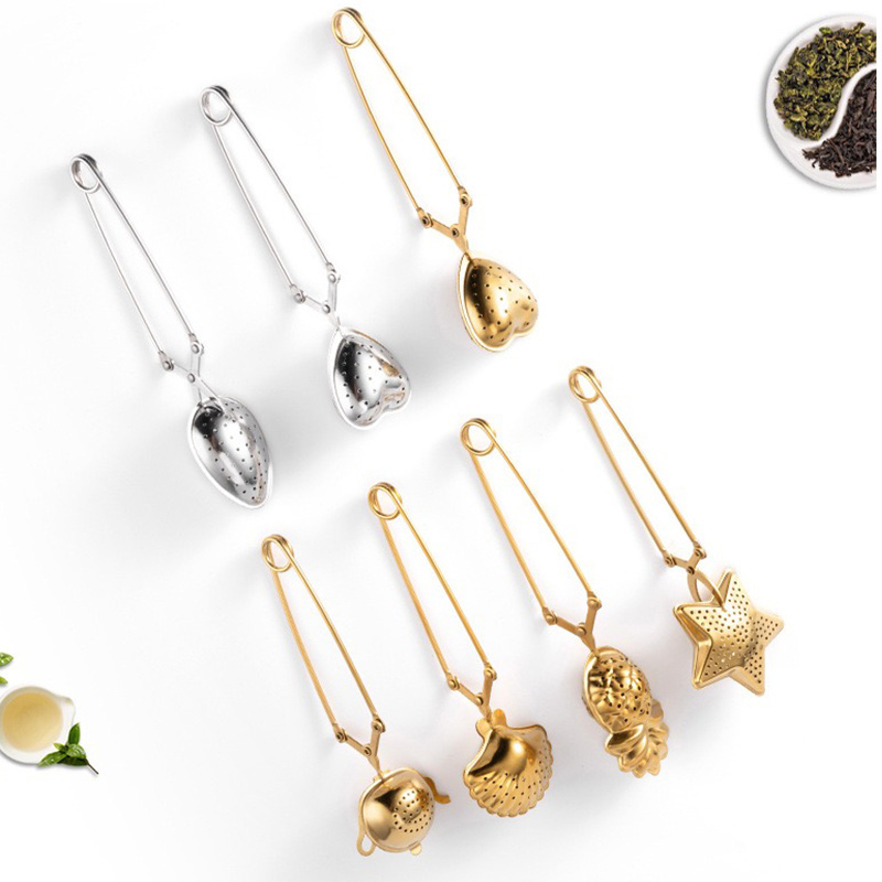 Stainless Steel 18/8  New Design Shell Heart Gold Plated Metal Loose Leaf Mesh Tea Ball Tea Infuser Strainer With Handle