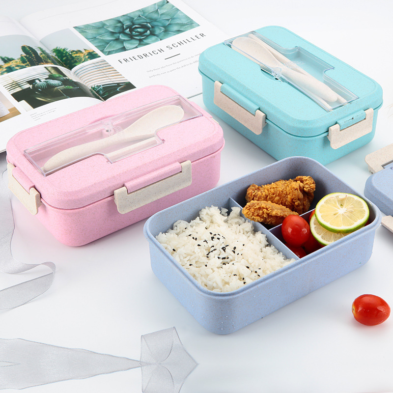 Free Cutlery Leak Free Custom Logo 3 Compartment Insulated Plastic Tiffin Boxes Food Bento Lunch Box For Kids School Girls