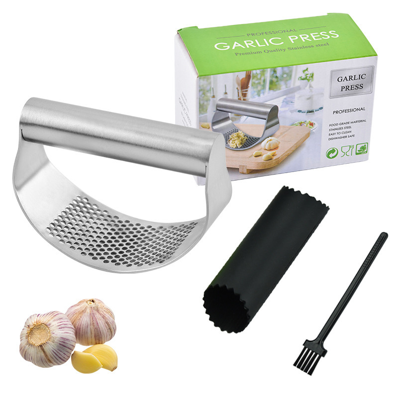 Hot Selling Kitchen Gadgets Multi-function Stainless Steel  Garlic Press Rocker With Silicone Peeler And Cleaning Brush