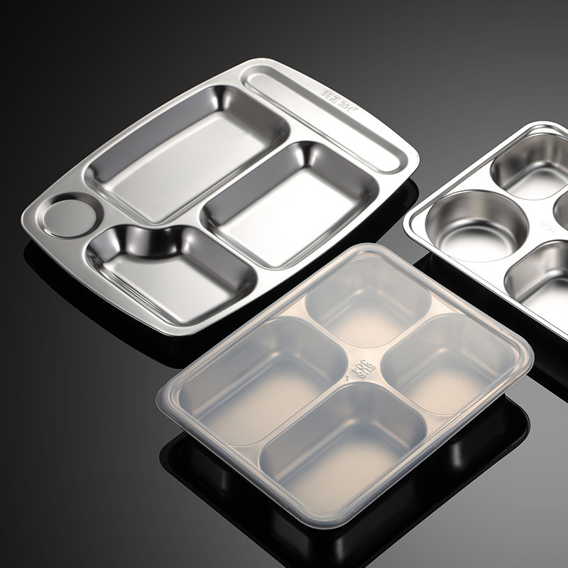 4 5 6 Compartment Hospital Food Mess Tray Stainless Steel Fast Food Tray With Plastic Lid