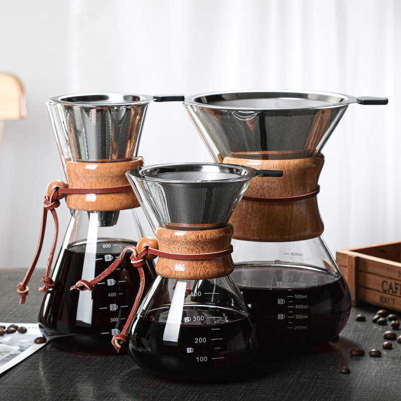 Wooden Collar Glass Pour Over Hand Drip Pot 400ml 600ml 800ml Coffee Servers Espresso Coffee Maker With Infuser