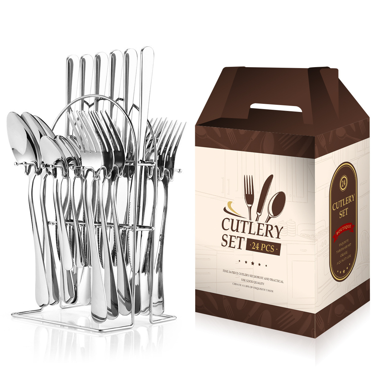 New Design Gift Boxes Hanging Stainless Steel Cutlery Set 24pcs Flatware Sets With Metal Rack For Christmas Gift