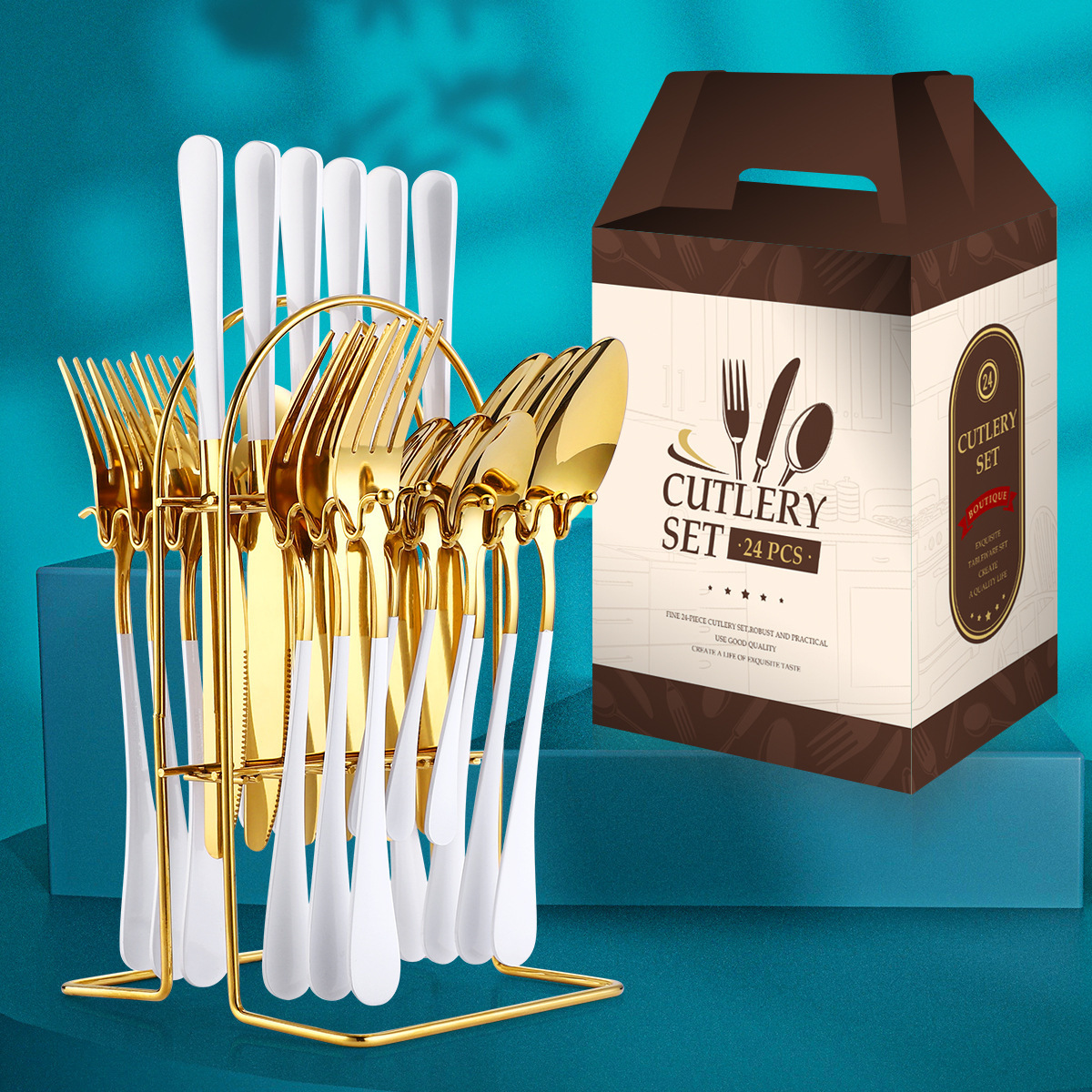 New Design Gift Boxes Hanging Stainless Steel Cutlery Set 24pcs Flatware Sets With Metal Rack For Christmas Gift