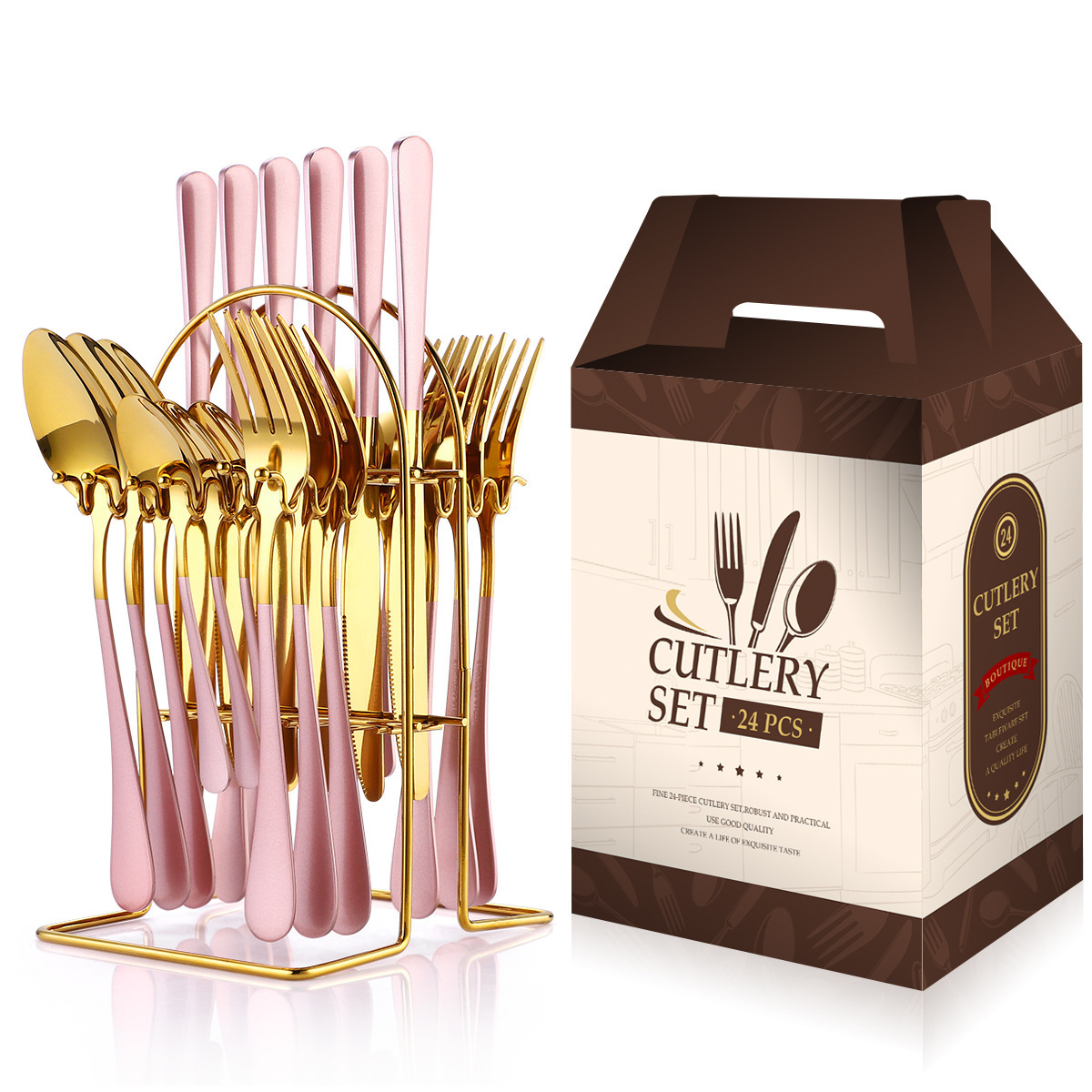 New Design Gift Boxes Hanging Stainless Steel Cutlery Set 24pcs Flatware Sets With Metal Rack For Christmas Gift