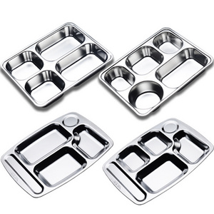 4 5 6 Compartment Hospital Food Mess Tray Stainless Steel Fast Food Tray With Plastic Lid