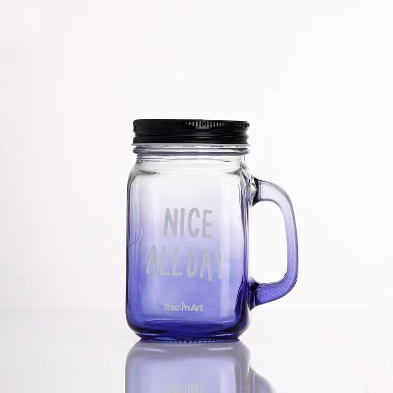 Wholesale Square 16 OZ Cold Beverage Use Bulk Glass Mug Colored Juice Mason Jar Drink Cup With Handle And Straw