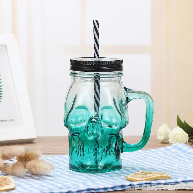 Wholesale Square 16 OZ Cold Beverage Use Bulk Glass Mug Colored Juice Mason Jar Drink Cup With Handle And Straw