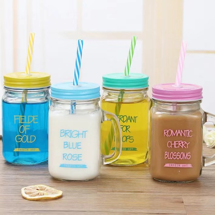 Wholesale Square 16 OZ Cold Beverage Use Bulk Glass Mug Colored Juice Mason Jar Drink Cup With Handle And Straw