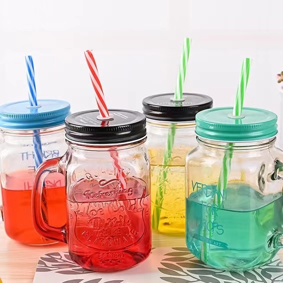 Wholesale Square 16 OZ Cold Beverage Use Bulk Glass Mug Colored Juice Mason Jar Drink Cup With Handle And Straw