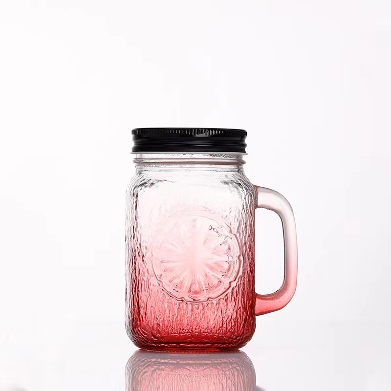 Wholesale Square 16 OZ Cold Beverage Use Bulk Glass Mug Colored Juice Mason Jar Drink Cup With Handle And Straw