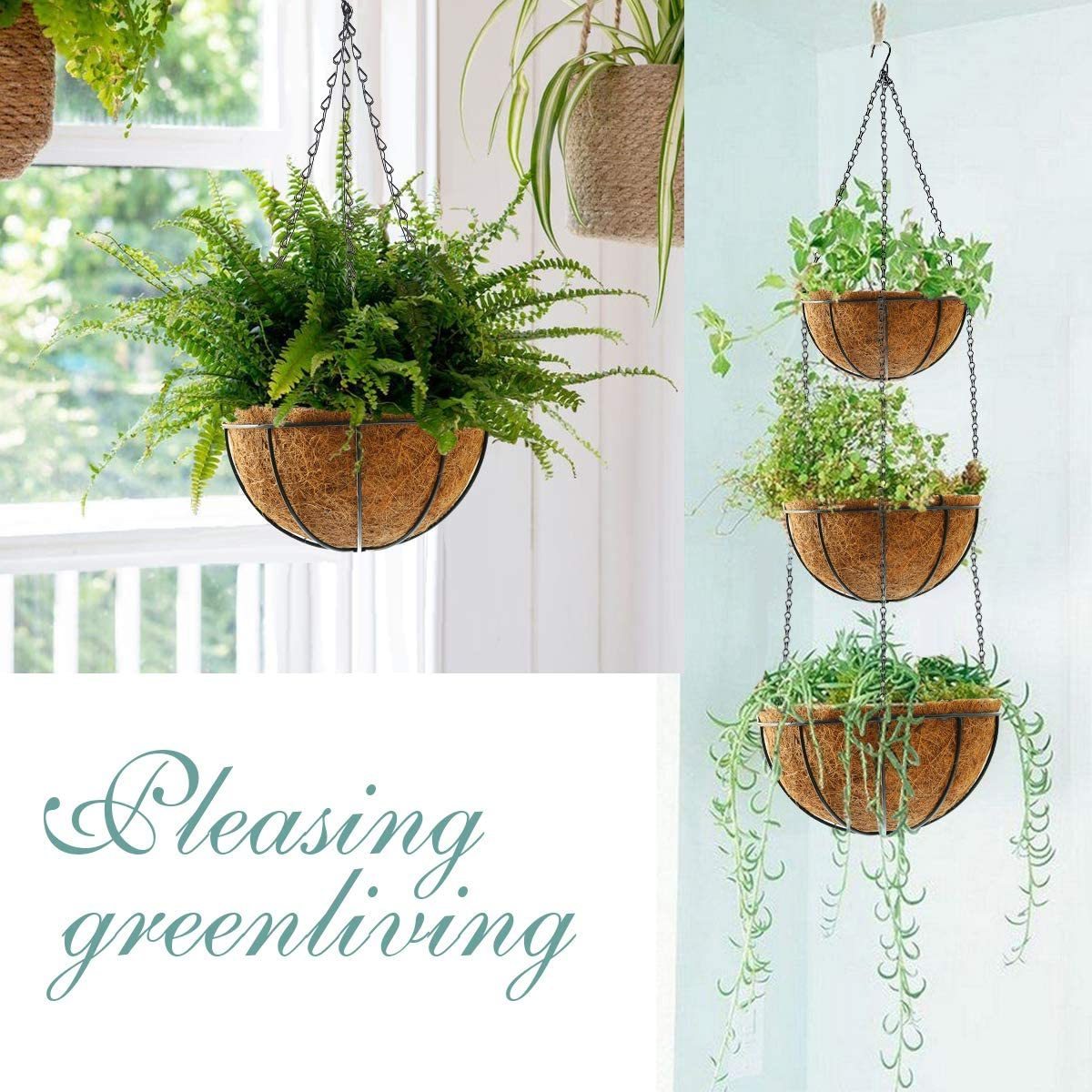 12 Inch Metal Hanging Flower Pot with Coir Liner and metal basket