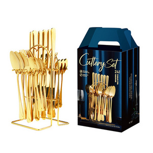 Luxury Custom Logo Flatware Stainless Steel Metal Black Gold 24pcs Cutlery Set With Rack And Box