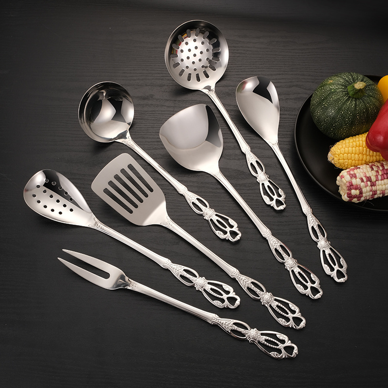 Luxury Kitchen Utensils Western Stainless Steel Ladle Skimmer Turner Rice Scoop Kitchenware Set