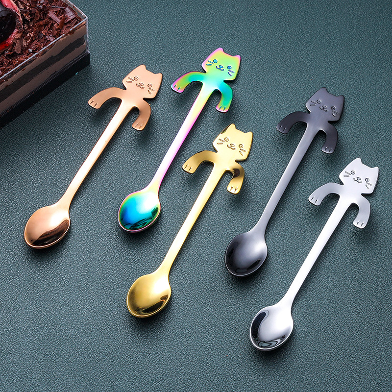 Food Grade Stainless Steel 304 Cute Cat Teaspoon Mini Ice Cream Spoon Coffee Hanging Cup Gold Spoon