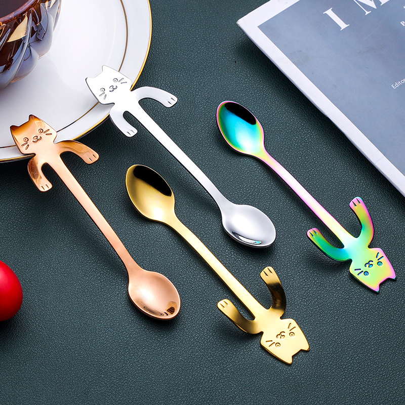 Food Grade Stainless Steel 304 Cute Cat Teaspoon Mini Ice Cream Spoon Coffee Hanging Cup Gold Spoon