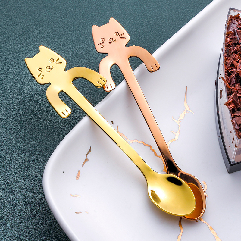 Food Grade Stainless Steel 304 Cute Cat Teaspoon Mini Ice Cream Spoon Coffee Hanging Cup Gold Spoon