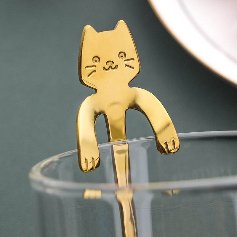 Food Grade Stainless Steel 304 Cute Cat Teaspoon Mini Ice Cream Spoon Coffee Hanging Cup Gold Spoon