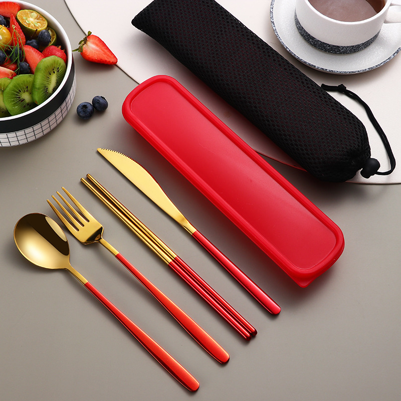 18/10 Portable Cutlery Spoon Fork Chopstick Gold Flatware Set with Case Travel Camping Outdoor Cutlery Set Stainless Steel