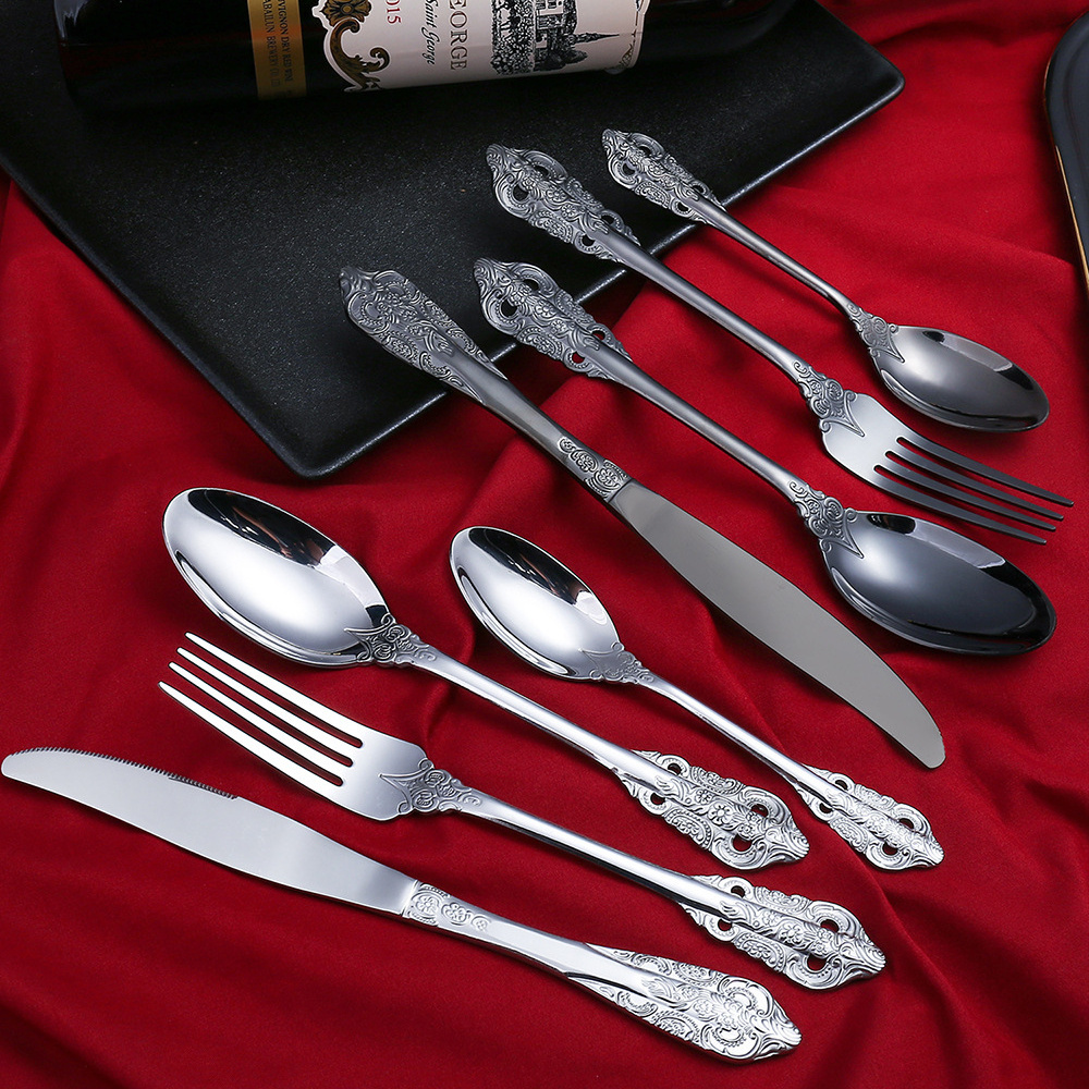 High Quality Luxury Vintage Gold and Silver Flatware Royal Stainless Steel Golden Cutlery for Banquet