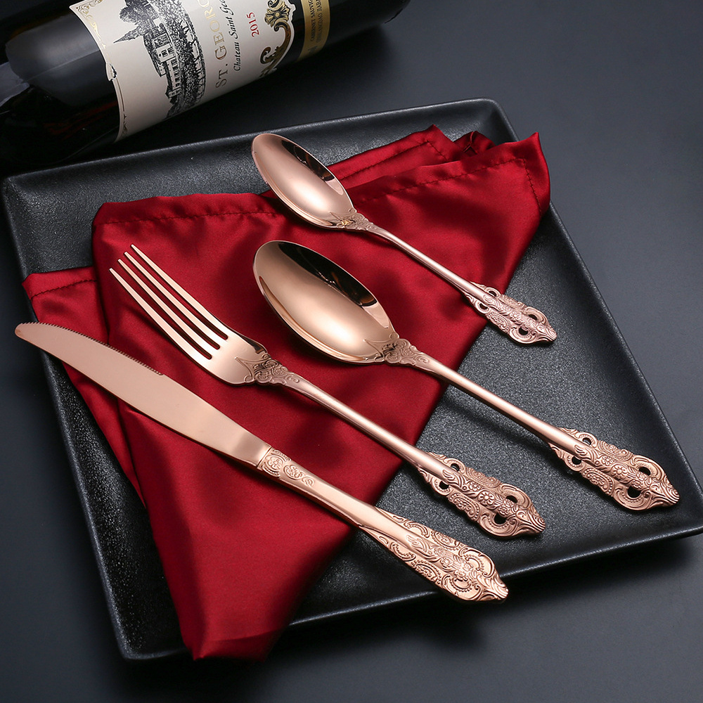 High Quality Luxury Vintage Gold and Silver Flatware Royal Stainless Steel Golden Cutlery for Banquet